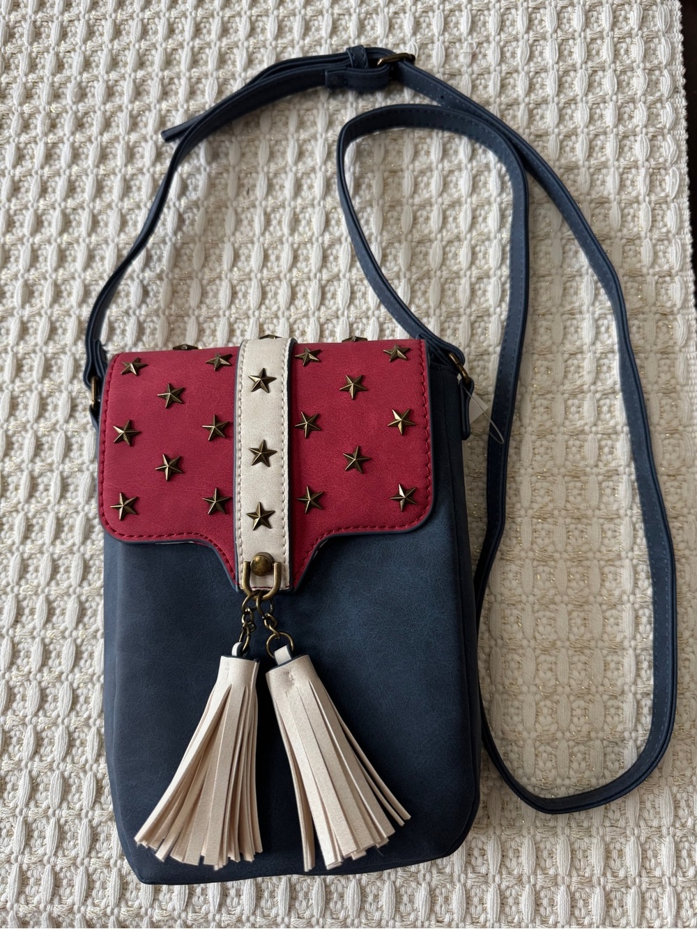 Navy Crossbody Phone Bag with Red Star Flap and Cream Tassels